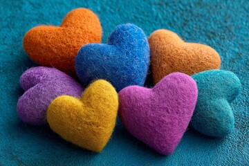 Fototapeta premium Colorful felt hearts arranged on a bright blue surface for decorative purposes or crafting ideas