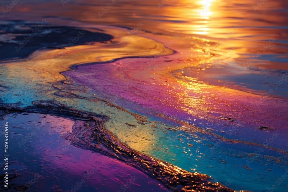 Poster Vibrant sunset reflections on calm water surface with colorful hues and shimmering patterns
