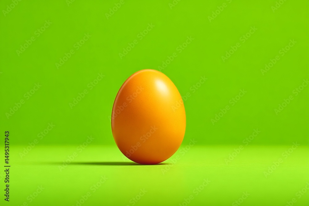 Poster bright orange egg stands on a vivid green surface showcasing simple colors and shapes in a minimalis