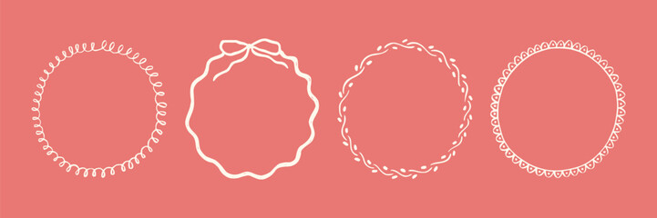 Set whimsical round frames with wavy lines, bows, curly ribbons. Hand-drawn trendy vintage style, perfect for wedding invitations, birthday cards, and holiday. Minimalist coquette border line art