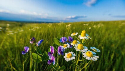 Obraz premium Daisies and purple flowers blooming in a green field under blue sky