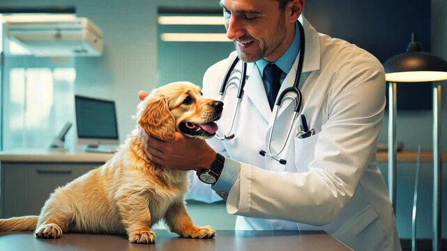 Professional male veterinarian examining a cute puppy at a veterinary clinic. Pet examination and vaccination in the veterinary office. Young smiling male vet checks dog for breed compliance