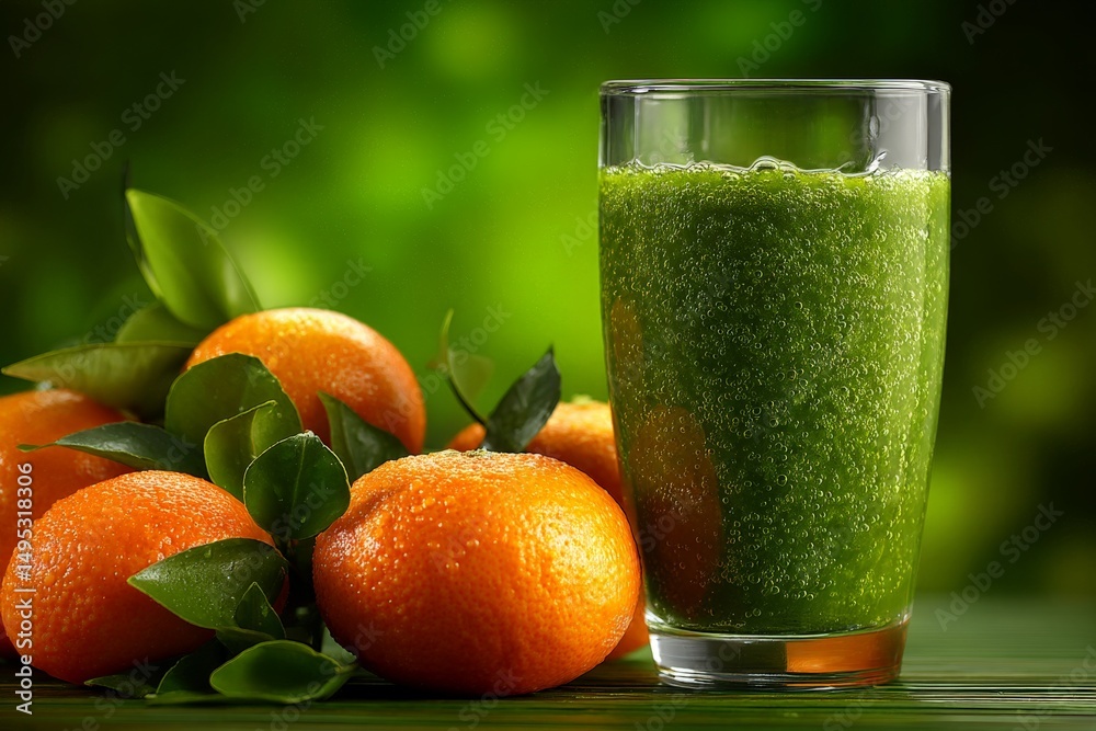 Poster refreshing green juice served with vibrant oranges in a natural setting during daylight