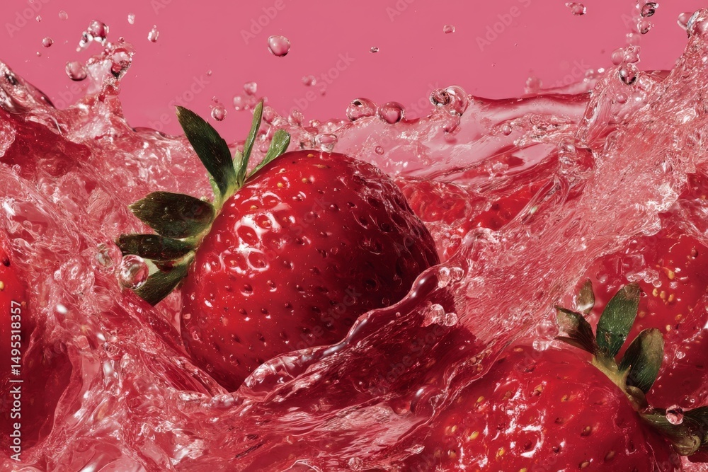 Poster Fresh strawberries splash into water against a pink background creating a vibrant and refreshing visual display