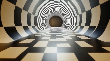 Abstract checkerboard pattern tunnel creating an optical illusion for depth