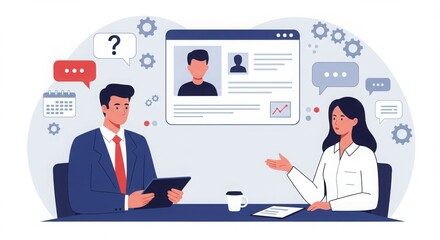 A business meeting with a man and woman discussing data on a screen.