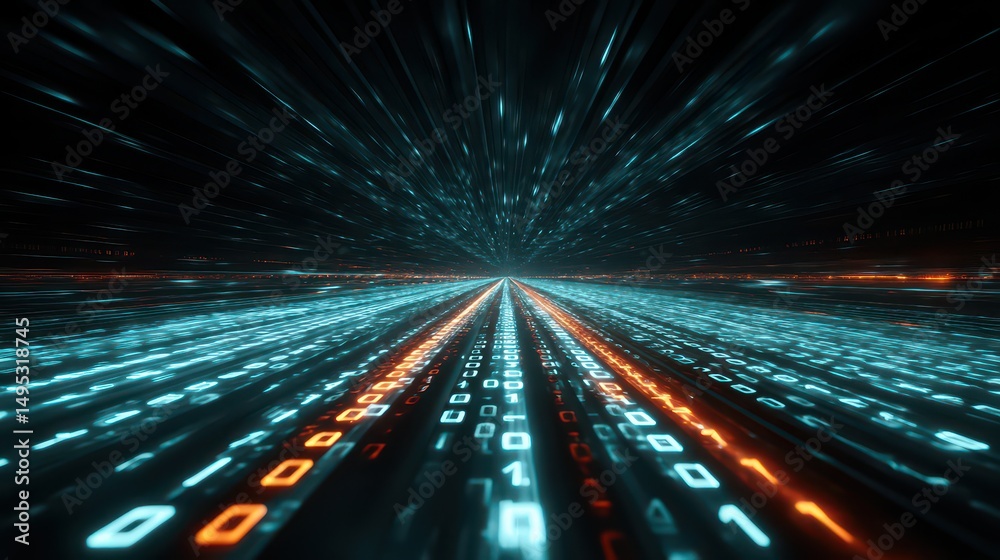 Poster abstract digital landscape with glowing binary code stream flowing towards horizon symbolizing techn