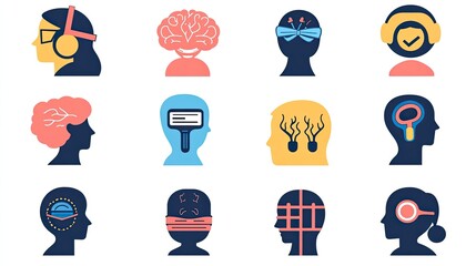 A collection of icons depicts the human head or mind in various stylized and symbolic representations. They are likely used to represent thoughts, ideas, or mental processes on the Adobe Stock website