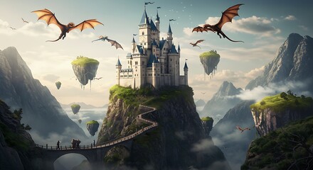 A majestic castle perched atop a towering rock formation amidst floating islands and soaring dragons in a breathtaking fantasy landscape.
