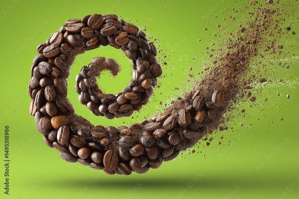 Aufkleber Coffee beans swirl in motion creating a dynamic pattern against a vibrant green background
