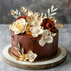 Chocolate cake adorned with colorful edible flowers and leaves for a special celebration