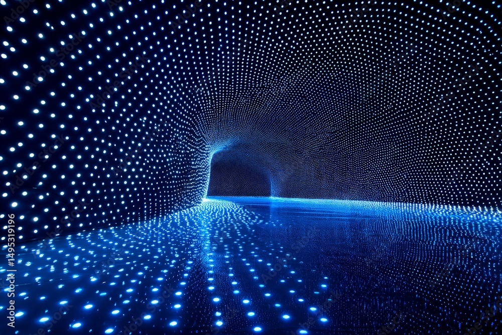 Poster immersive blue light installation in a futuristic tunnel with glowing dots and reflections