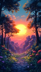 Fairy Tale Forest Path at Sunset