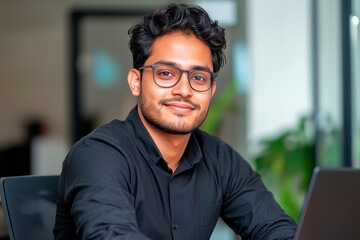 Young Indian businessman sitting using laptop smiling. An investor in finance in an office