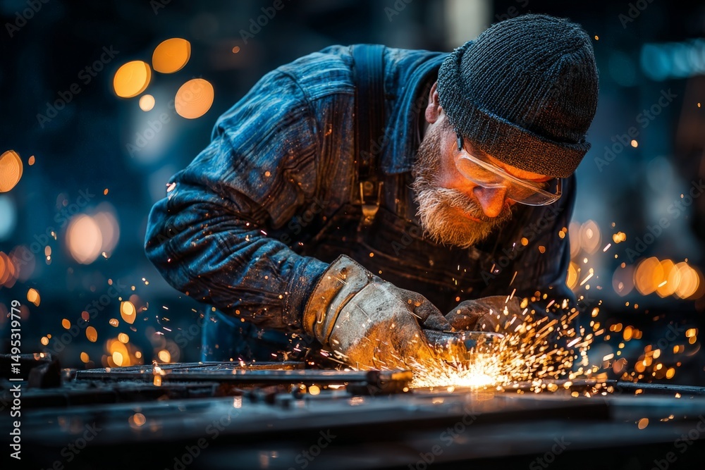 Aufkleber craftsman working in a workshop sparks fly during metalworking in the evening light