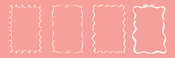 Set whimsical frames with wavy lines, bows, curly ribbons. Hand-drawn trendy vintage style, perfect for wedding invitations, birthday cards, and holiday decor. Minimalist coquette border line art