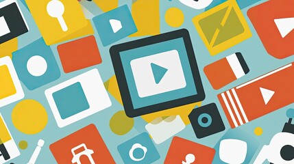 Colorful and illustrative, this image is a collection of digital icons, many designed to resemble cameras, displays, or video buttons. The focal point is a dark square with a white play button inside