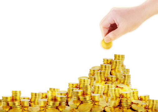 Image of a gold coin in hand and a pile of gold coins PNG transparent...
