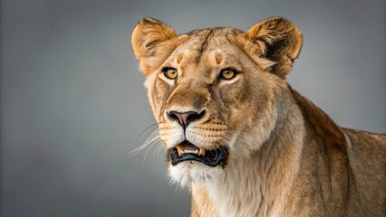 Obraz premium This captivating portrait of a lioness highlights her majestic presence and sharp, observant gaze, making direct eye contact with the viewer