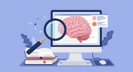 A computer displaying a brain illustration with a magnifying glass and a book.