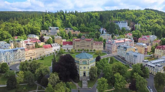 Marianske Lazne (Marienbad) - aerial drone view of the great european spa town &ndash; sunny day - flight towards Goethe Square &ndash; part 2