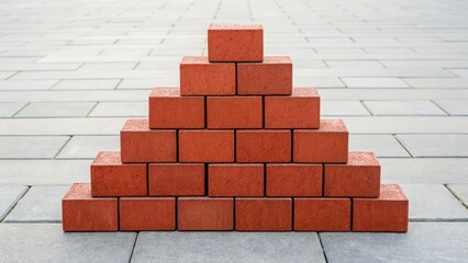 Obraz premium A perfectly stacked pyramid of vibrant red building bricks, neatly arranged on a light grey tiled or paved surface, creating a strong sense of order and construction