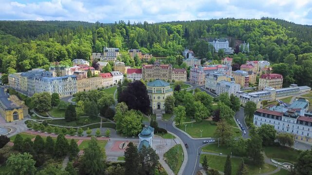 Marianske Lazne (Marienbad) - aerial drone view of the great european spa town &ndash; sunny day - flight towards Goethe Square &ndash; part 1