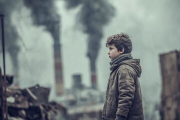 Obraz premium Boy gazing thoughtfully at smoke-filled industrial landscape during overcast day