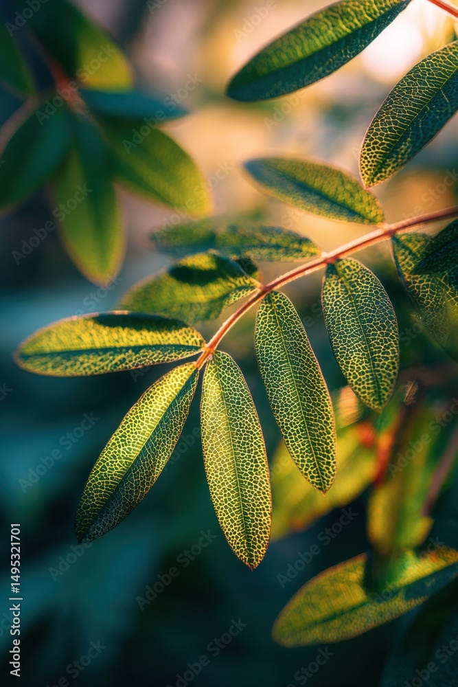 Aufkleber close-up of green leaves on a branch in sunlight, symbolizing growth and environmental awareness for