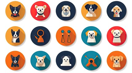 A collection of circular icons displays various dog breeds and jewelry.