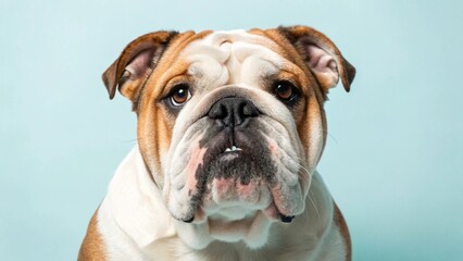 Obraz premium Portrait of an adorable English Bulldog, highlighting its unique facial structure and gentle, calm gaze. Ideal for veterinary clinics, pet product advertising, or family-friendly content.