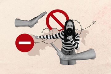 Trend artwork sketch design montage 3D collage of young lady talk megaphone hand gesture cross stop...