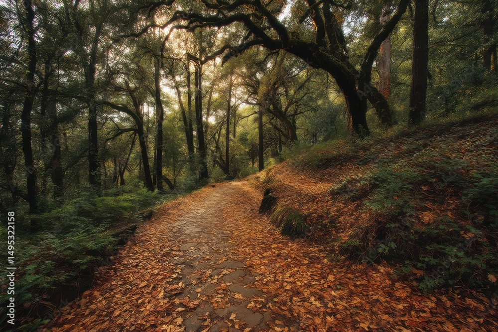 Poster leaf-covered path through forest at golden hour, ideal for autumn travel and nature getaways, inspir