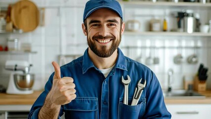 Smiling plumber holding pipe wrench and showing thumb up at sink with tap in the kitchen. secure plumbing services advertisement. Good job. Repairman or handyman fixing a tap. Special offer