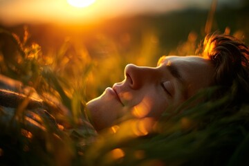 Young man resting peacefully in a grassy field during a vibrant sunset in the evening light