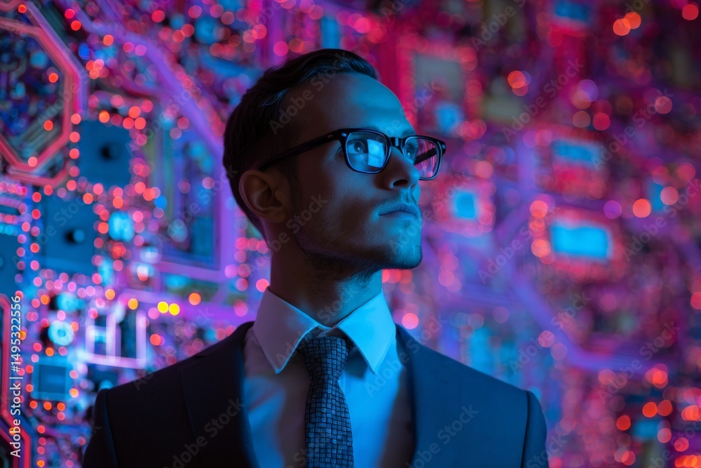 Poster professional individual in formal attire stands confidently near a colorful circuit board backdrop f