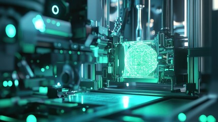 Futuristic 3D printer creating green neural network