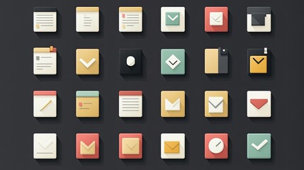 A collection of flat design icons. The icons are square and feature productivity tools such as calendars, checklists, and mail