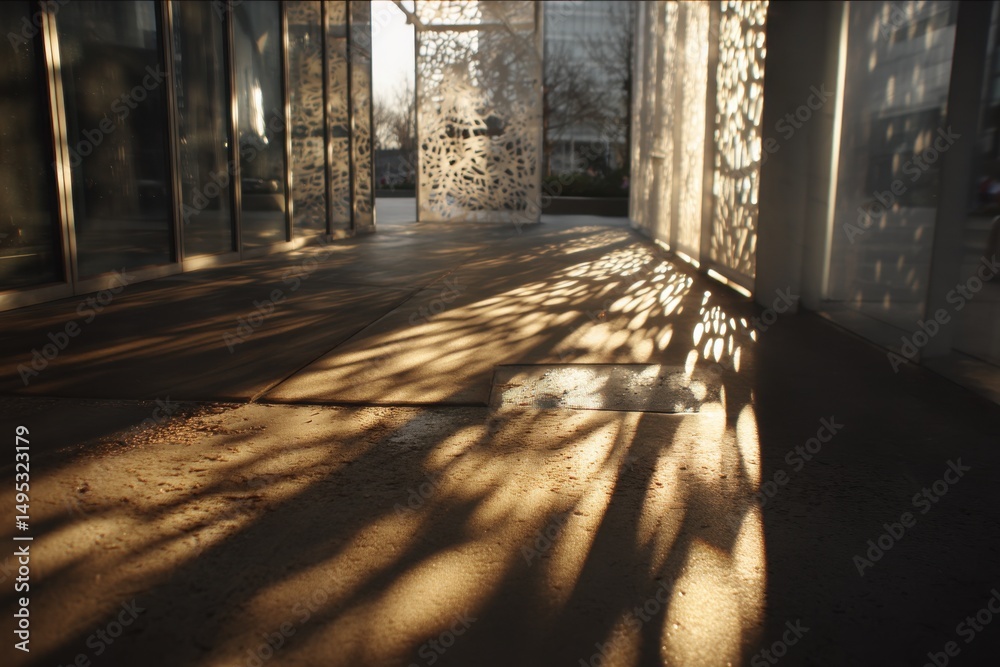 Poster Sunlight Streaming Through Decorative Walls Creates Abstract Patterns, Evoking Serenity and Architectural Innovation for Urban Design : Generative AI