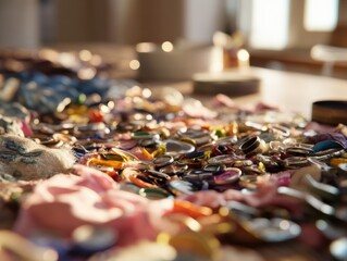 Pile of Discarded Bottle Caps and Fabric Scraps on a Table, Illustrating Waste Reduction and Environmental Responsibility for Sustainability Campaigns : Generative AI
