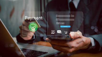 Secure Online Payment Transaction Process concept.  Businessman using smartphone to online payment,...