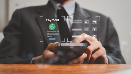 Secure Online Payment Transaction Process concept.  Businessman using smartphone to online payment,...