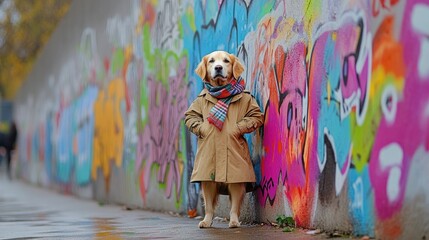 Fototapeta premium A golden retriever in a trench coat and scarf standing against a graffiti wall
