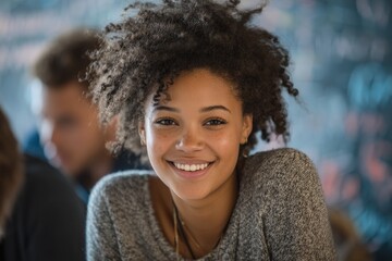 Young woman smiling warmly in a cozy cafe setting with friends during a lively afternoon gathering