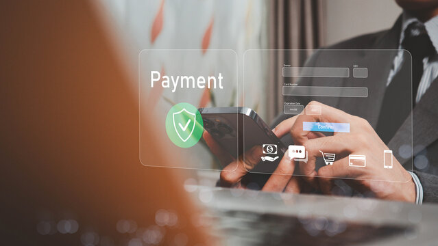 Secure Online Payment Transaction Process concept.  Businessman using smartphone to online payment, banking and online shopping.  Internet banking, fintech, Digital online payment concept. 