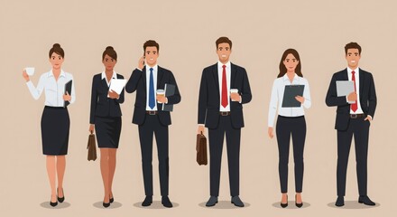 Fototapeta premium A diverse group of professionals in business attire, engaged in work-related activities.