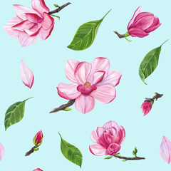 seamless pattern with pink magnolia flowers on a blue background, watercolor illustration for textiles, packaging, clothing, tableware