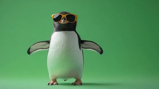 Cute penguin dancing against a green background