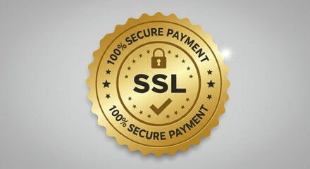 A gold seal indicating 100% secure payment with SSL certification and a padlock symbol.