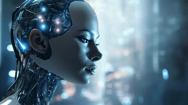 Futuristic female cyborg head with glowing circuits and ai brain in neon city background, detailed closeup clip footage
